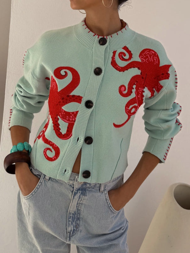 Cardigan lavorato a maglia con motivo di polpo divertente