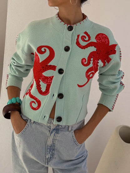 Cardigan lavorato a maglia con motivo di polpo divertente