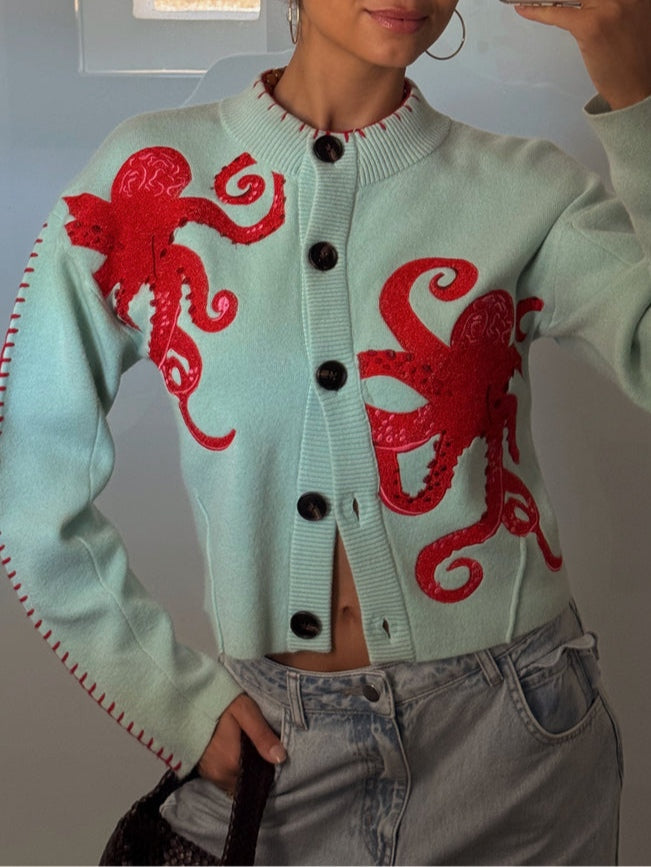 Cardigan lavorato a maglia con motivo di polpo divertente