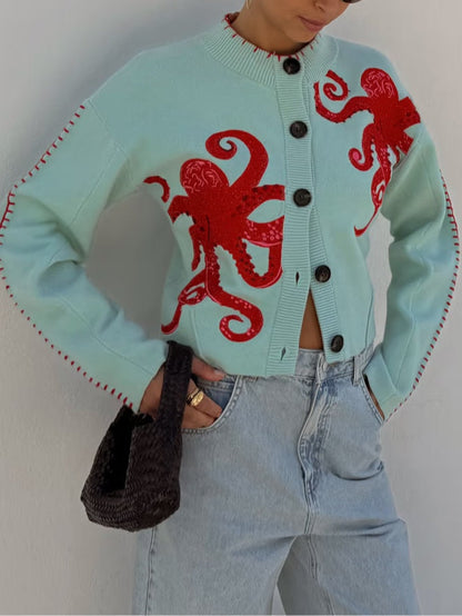 Cardigan lavorato a maglia con motivo di polpo divertente