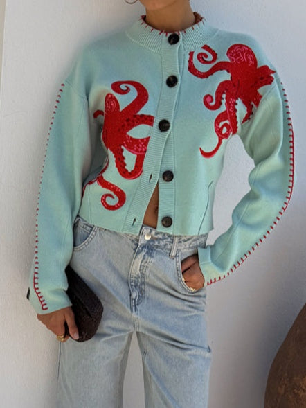 Cardigan lavorato a maglia con motivo di polpo divertente