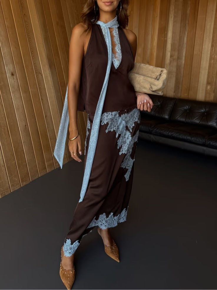 Elegante Completo Top e Gonna con Pannello in Pizzo Marrone e Blu