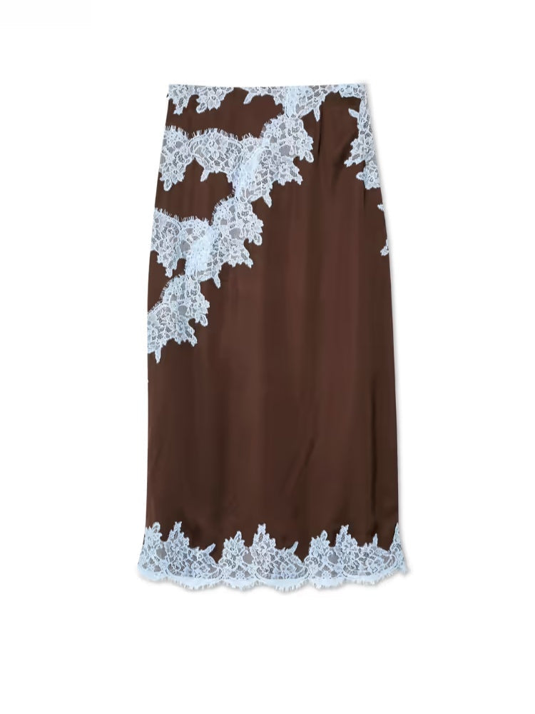 Completo Elegante con Top in Pizzo Marrone e Blu + Gonna