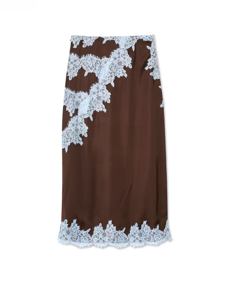 Completo Elegante con Top in Pizzo Marrone e Blu + Gonna