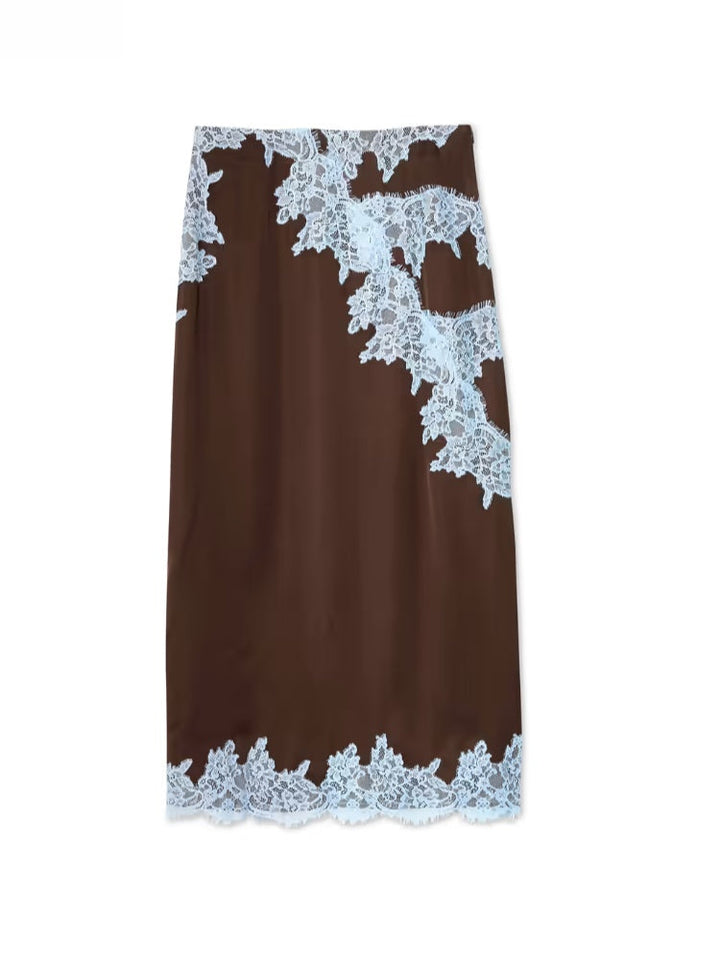 Completo Elegante con Top in Pizzo Marrone e Blu + Gonna