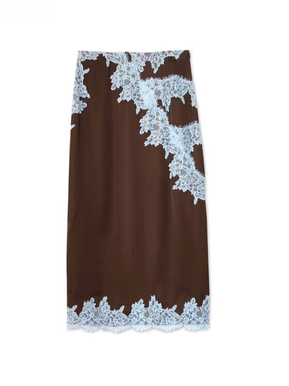 Elegante Completo Top e Gonna con Pannello in Pizzo Marrone e Blu