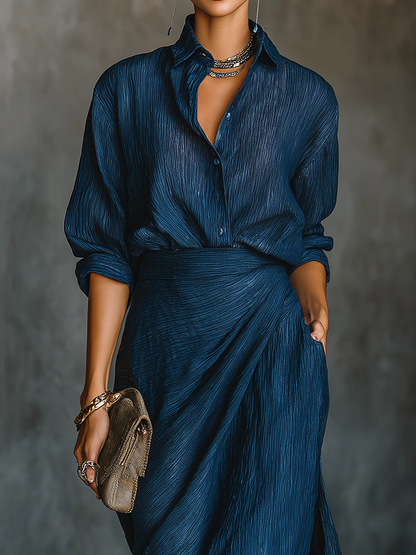 Elegante Set Gonna Lunga in Cotone e Lino Blu Scuro
