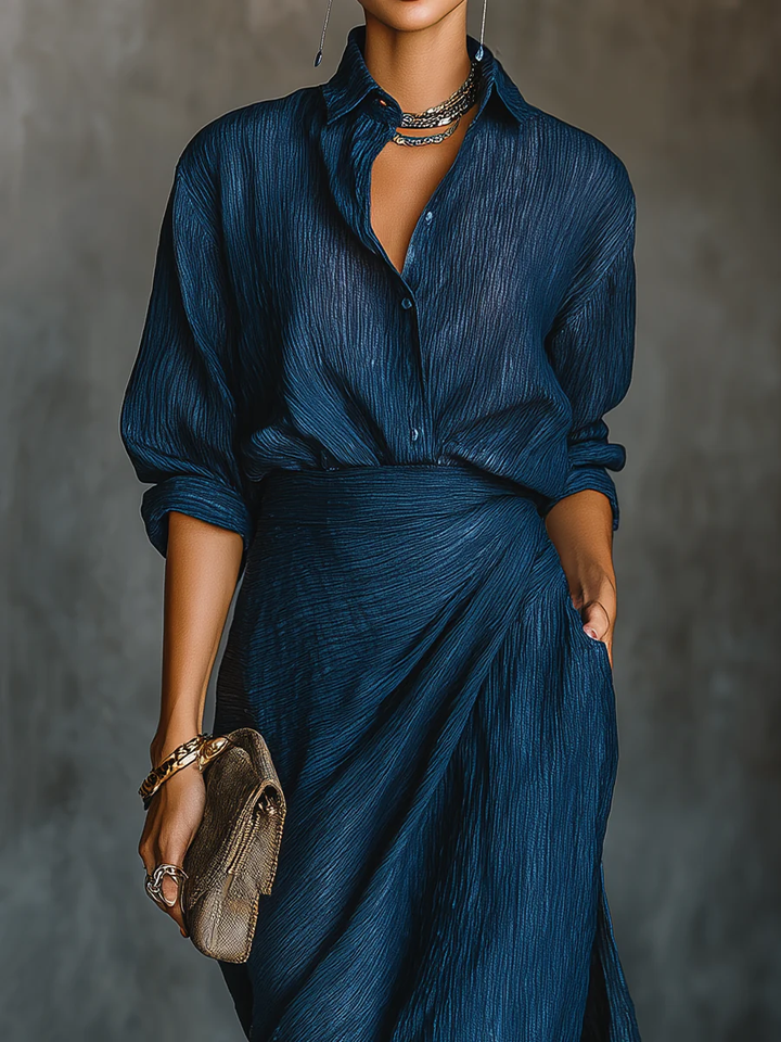 Elegante Set Gonna Lunga in Cotone e Lino Blu Scuro