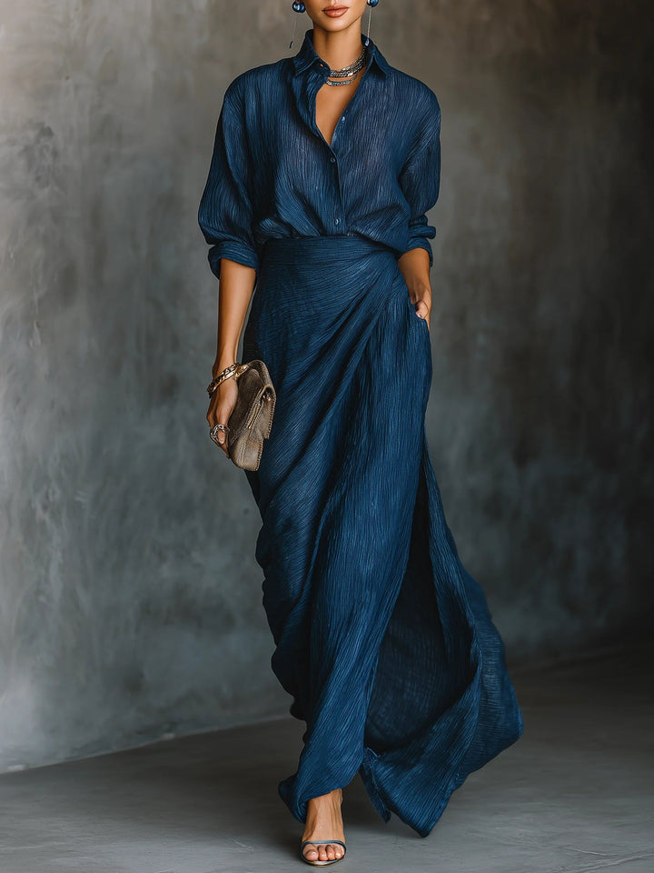 Set Gonna Lunga in Cotone e Lino Blu Scuro Elegante