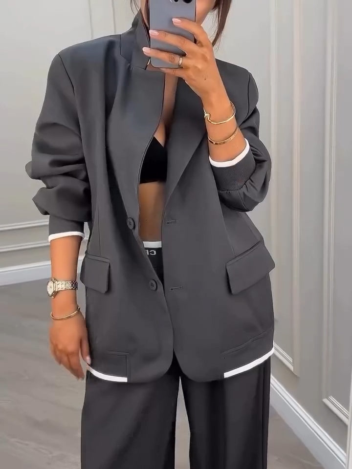 Blazer e Pantaloni a Due Pezzi Grigio Patchwork con Scollo a V