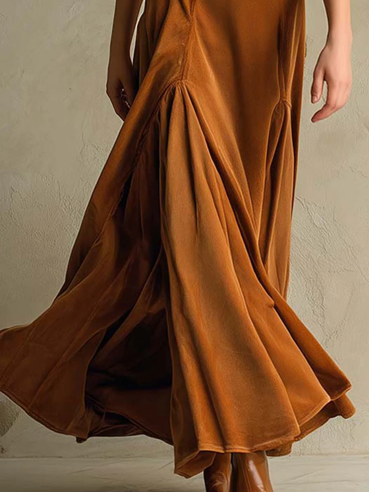 Abito lungo in velluto marrone elegante retro con colletto