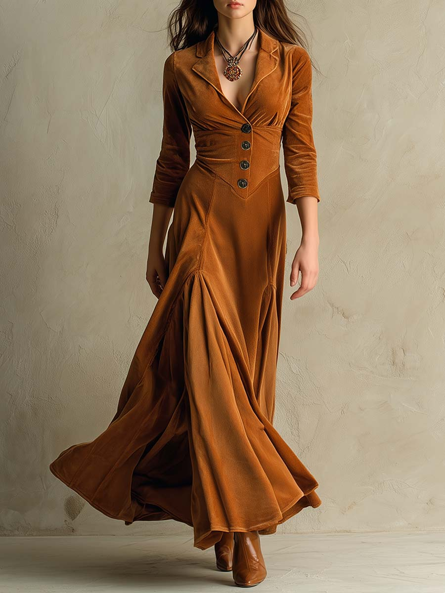 Abito Lungo in Velluto Elegante Retro Marrone con Collo