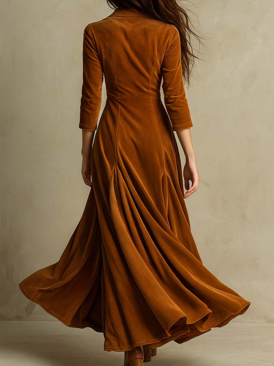 Abito Lungo in Velluto Elegante Retro Marrone con Collo