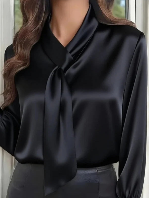 Camicia Casual a Maniche Lunghe con Papillon di Colore Solido