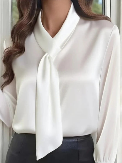 Camicia Casual a Maniche Lunghe con Papillon di Colore Solido