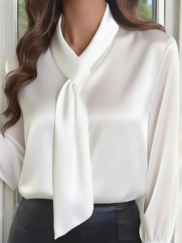 Camicia Casual a Maniche Lunghe con Papillon di Colore Solido