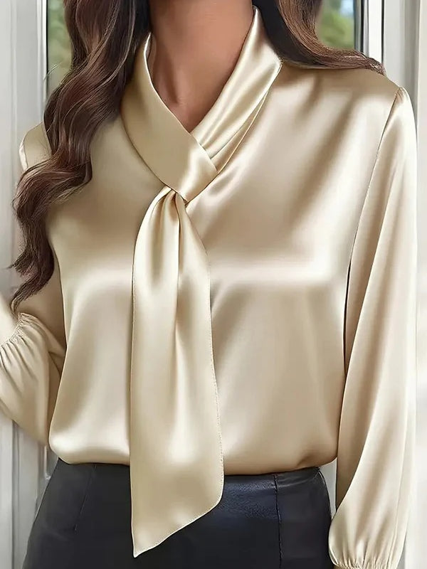 Camicia Casual a Maniche Lunghe con Papillon di Colore Solido