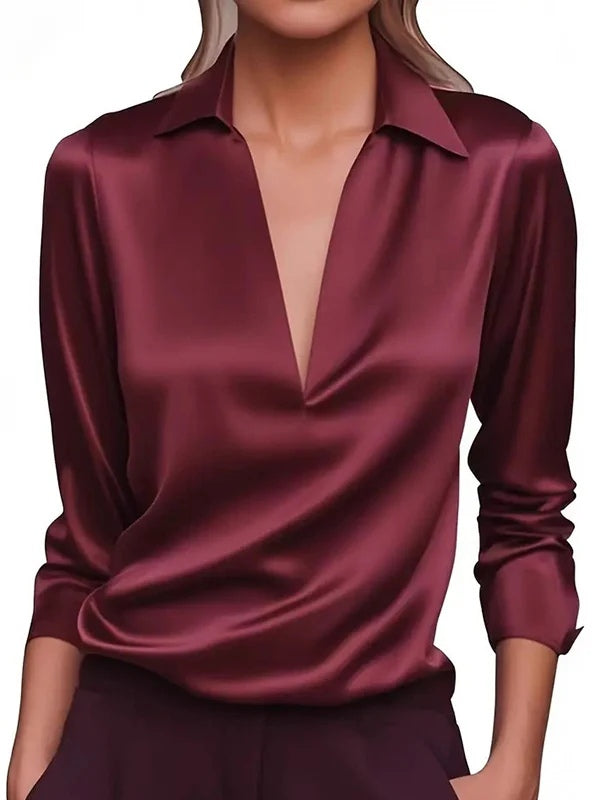 Camicia Casual in Raso a Collo a V con Maniche Lunghe di Colore Solido