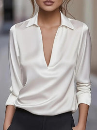 Camicia Casual in Raso a Collo a V con Maniche Lunghe di Colore Solido