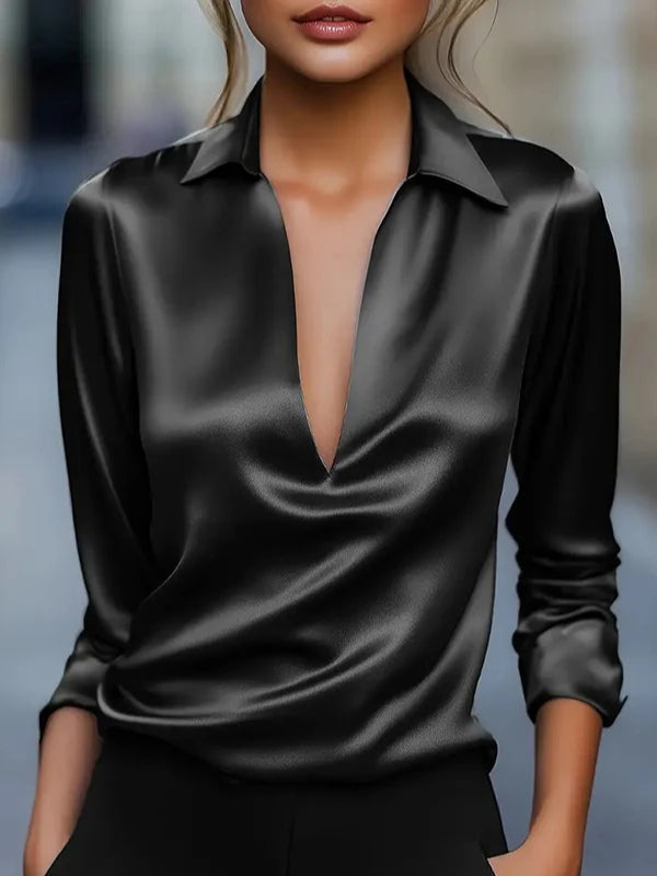 Camicia Casual in Raso a Collo a V con Maniche Lunghe di Colore Solido
