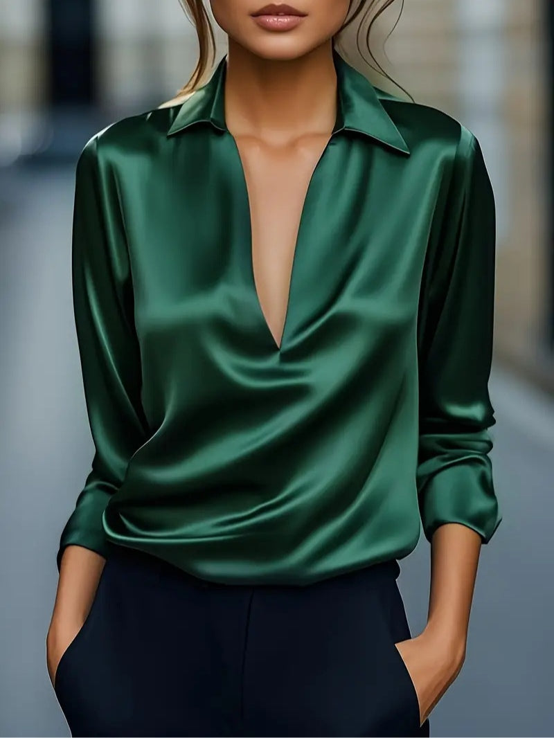 Camicia Casual in Raso a Collo a V con Maniche Lunghe di Colore Solido