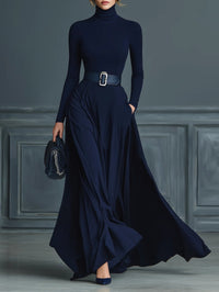 Abito in Maglia Blu Scuro con Collo Alto (Senza Cintura)