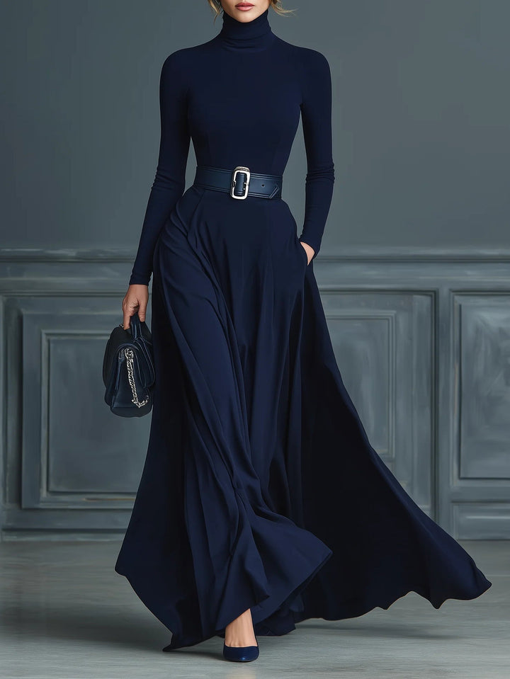 Vestito Tricot Blu Scuro con Collo Alto (Senza Cintura)
