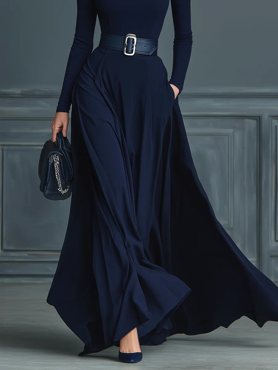 Vestito Tricot Blu Scuro con Collo Alto (Senza Cintura)