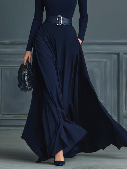 Vestito Tricot Blu Scuro con Collo Alto (Senza Cintura)