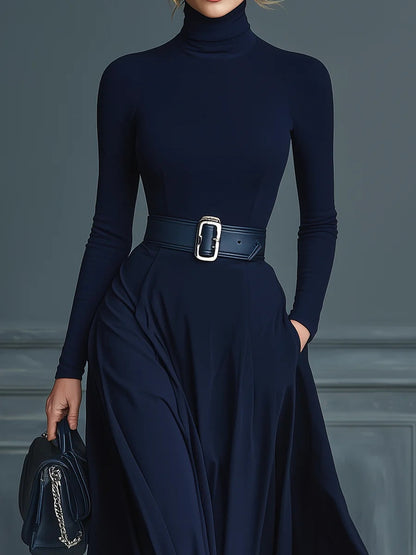 Vestito Tricot Blu Scuro con Collo Alto (Senza Cintura)