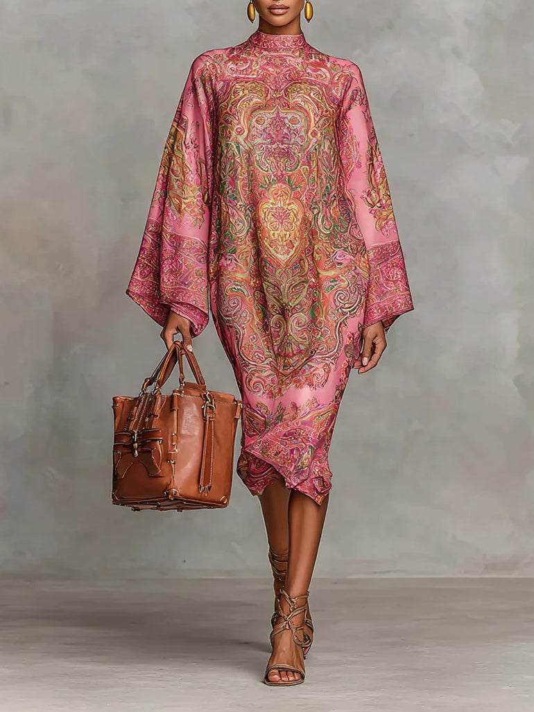 Abito midi svasato a maniche lunghe con stampa paisley rosa