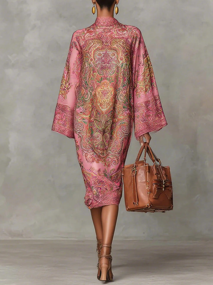 Abito midi fluido a maniche lunghe con stampa paisley rosa