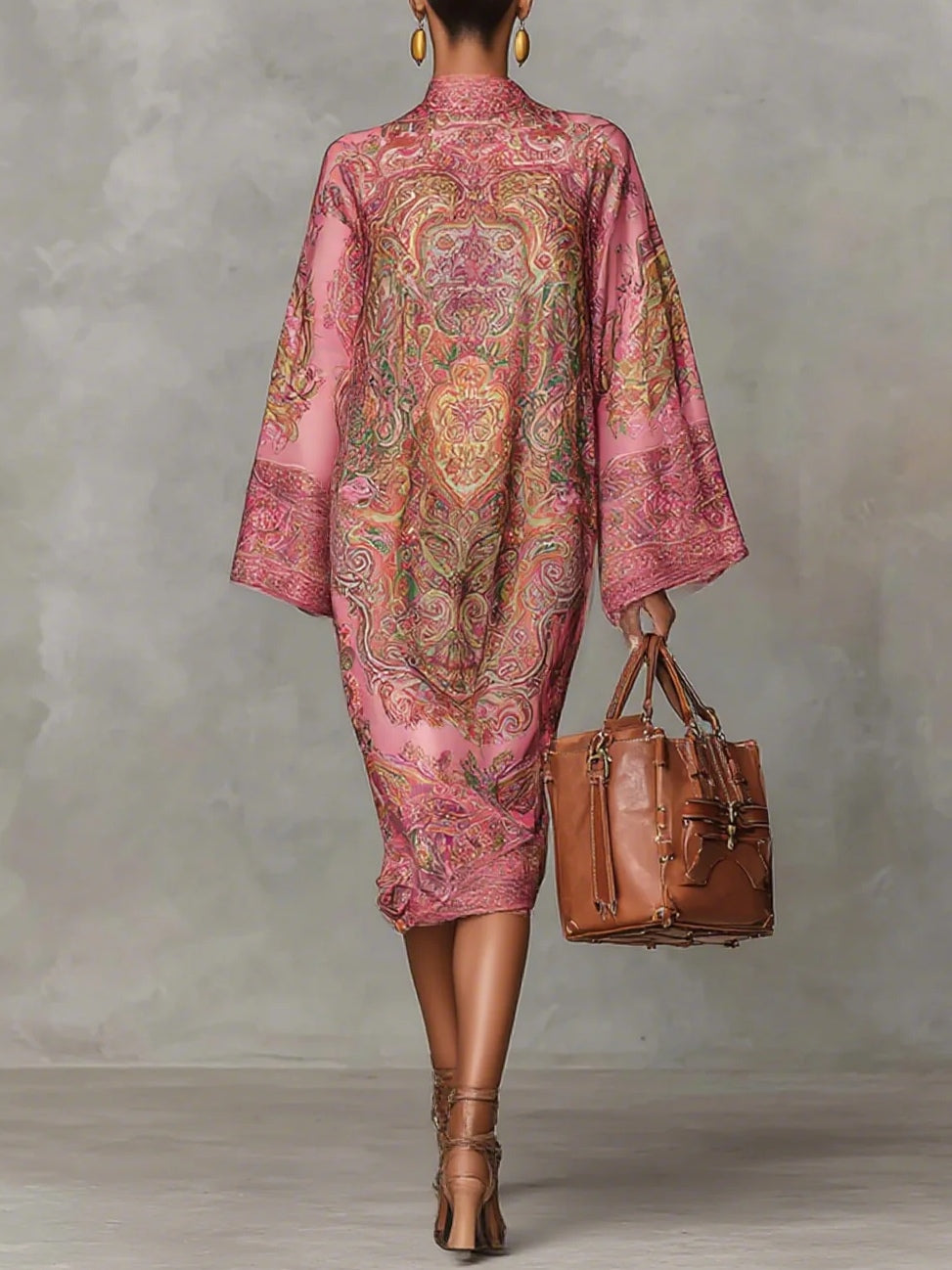 Abito Midi Flared a Maniche Lunghe con Stampa Paisley Rosa