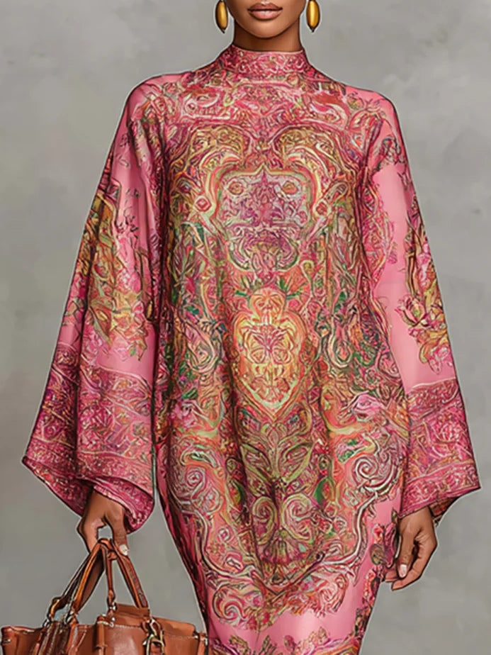 Abito Midi Flare a Maniche Lunghe con Stampa Paisley Rosa