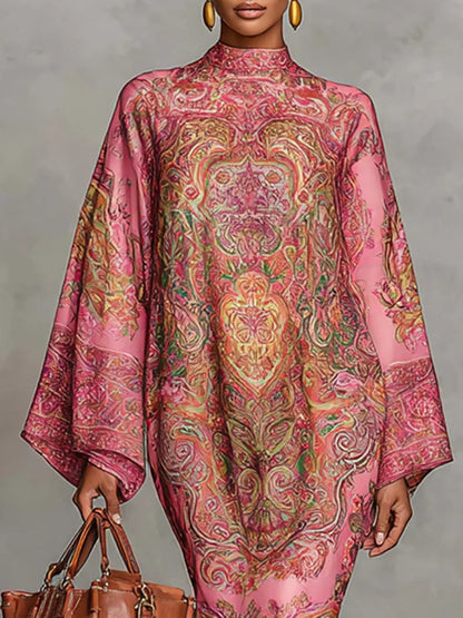 Abito midi svasato a maniche lunghe con stampa paisley rosa