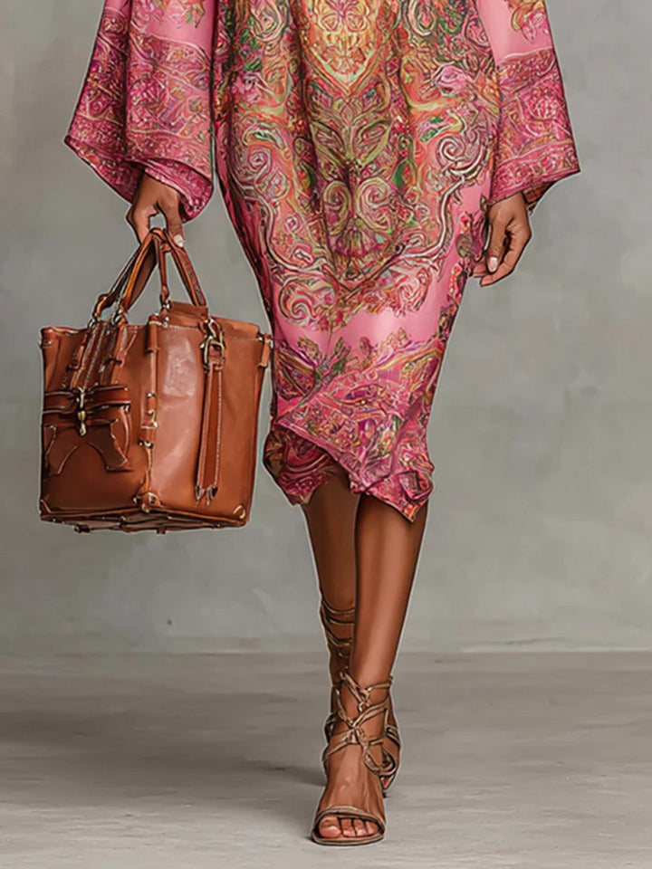 Abito midi svasato a maniche lunghe con stampa paisley rosa
