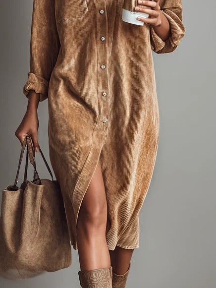 Abito Midi in Corduroy Largo con Due Tasche sul Petto e Bottoni