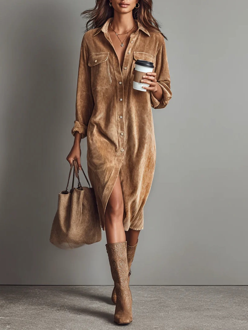 Abito Midi in Corduroy Largo con Due Tasche sul Petto e Bottoni