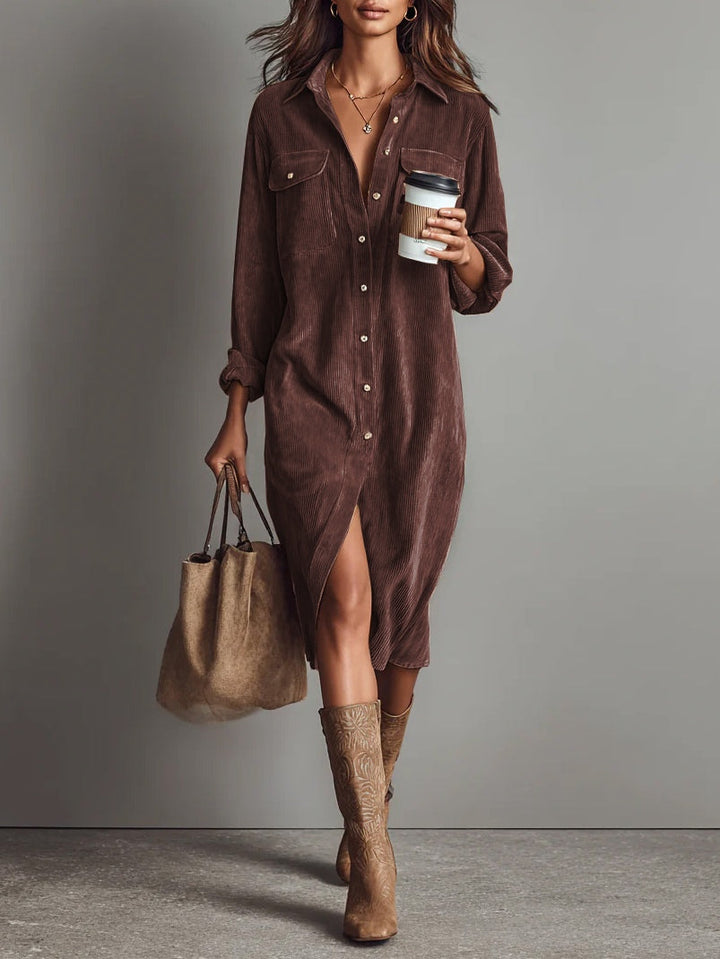 Abito Midi in Corduroy Largo con Due Tasche sul Petto e Bottoni