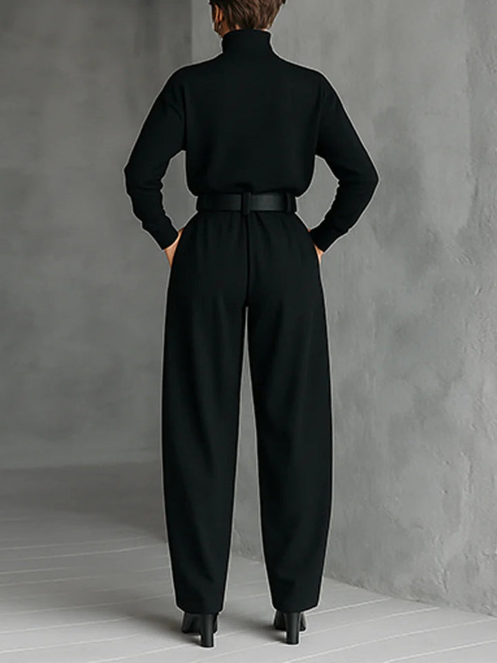 Completo Due Pezzi Maglietta a Maniche Lunghe con Collo Alto e Pantaloni a Gamba Dritta Tutto Nero (inclusa Cintura)