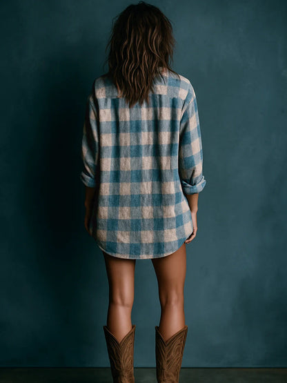 Abito Mini a Maniche Lunghe in Plaid Blu e Bianco con Collo Henley