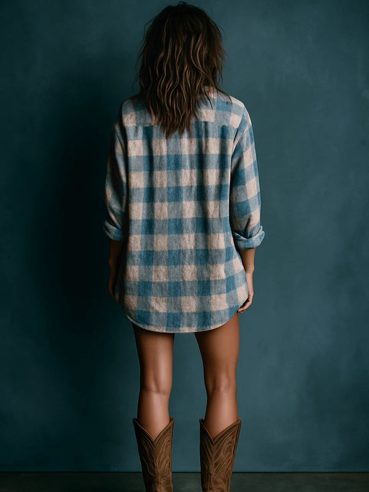 Abito Mini a Maniche Lunghe in Plaid Blu e Bianco con Collo Henley