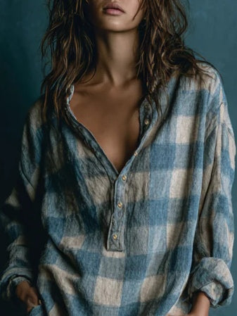 Abito Mini a Maniche Lunghe in Plaid Blu e Bianco con Collo Henley