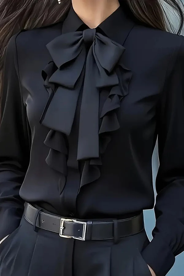 Camicia Casual a Maniche Lunghe con Papillon Arricciato