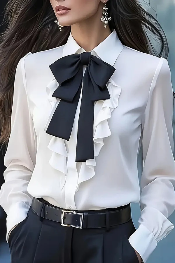 Camicia Casual a Maniche Lunghe con Papillon Arricciato
