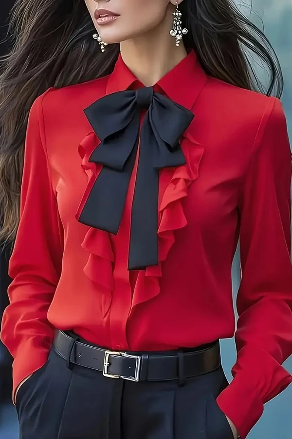 Camicia Casual a Maniche Lunghe con Papillon Arricciato