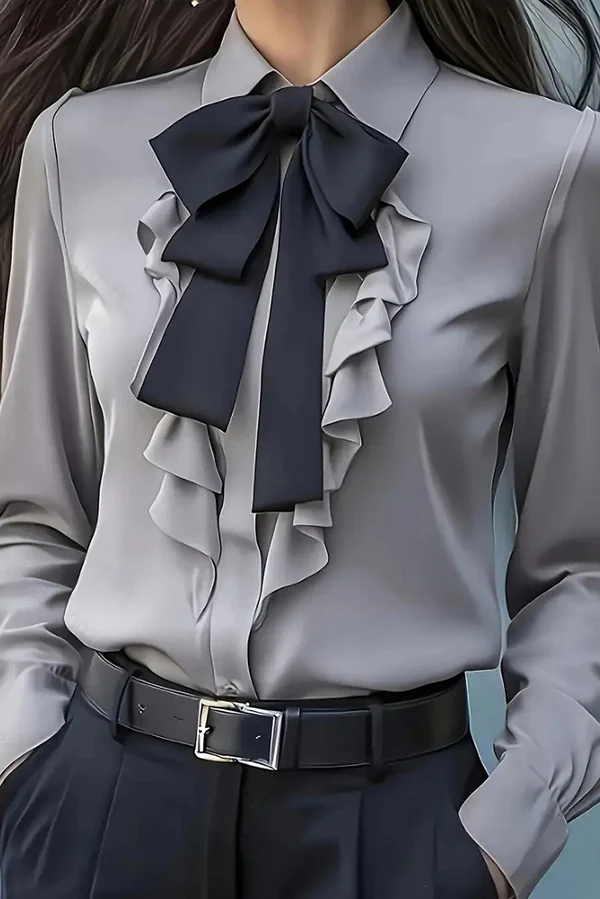 Camicia Casual a Maniche Lunghe con Papillon Arricciato