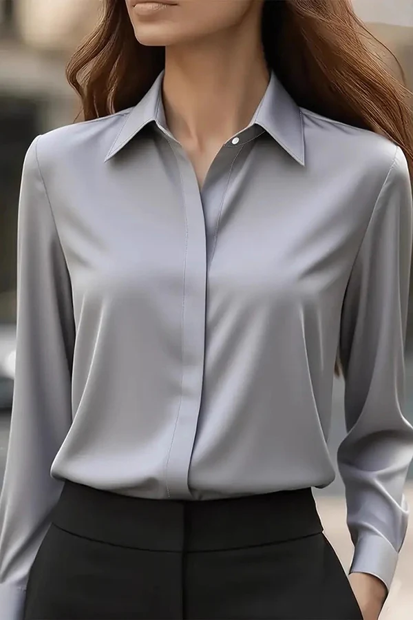 Camicia Casual a Maniche Lunghe con Rever in Satin