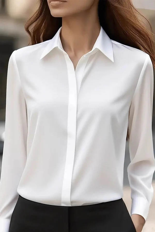 Camicia Casual a Maniche Lunghe con Rever in Satin