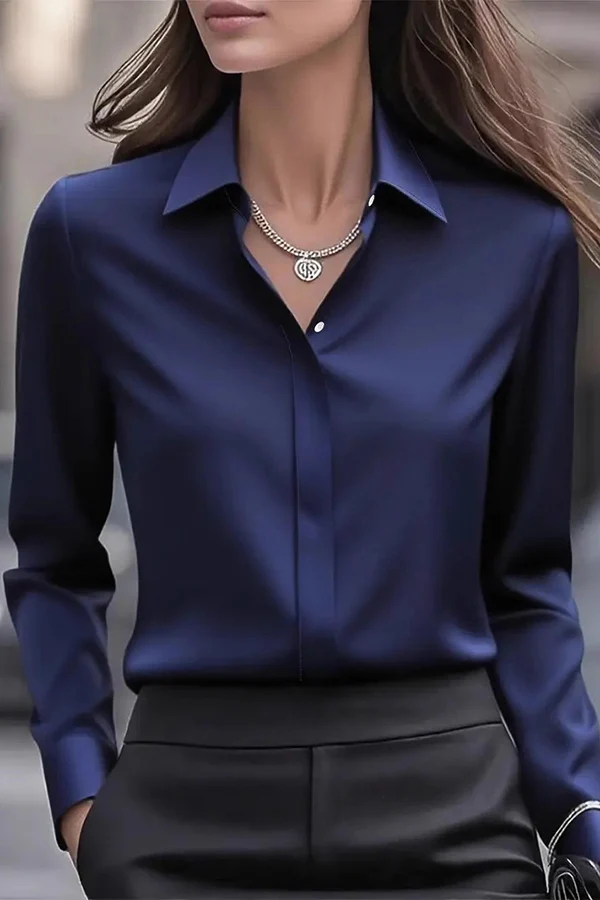 Camicia Casual a Maniche Lunghe con Rever in Satin